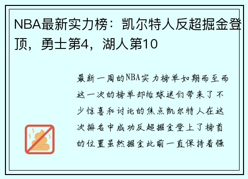 NBA最新实力榜：凯尔特人反超掘金登顶，勇士第4，湖人第10