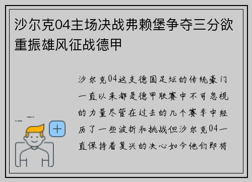 沙尔克04主场决战弗赖堡争夺三分欲重振雄风征战德甲